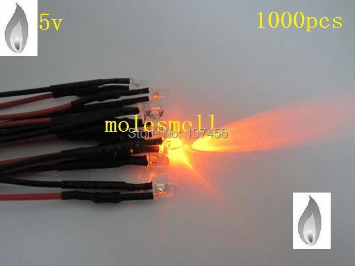 Free shipping 1000pcs 3mm orange Flicker 5V Pre-Wired Water Clear LED Leds Candle orange Light 20CM