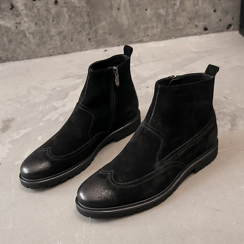 Handmade Men Cow Suede Leather Chelsea Boots Ankle Luxury Trainers Spring Wedding Shoes Zip Male Business Casual | Обувь