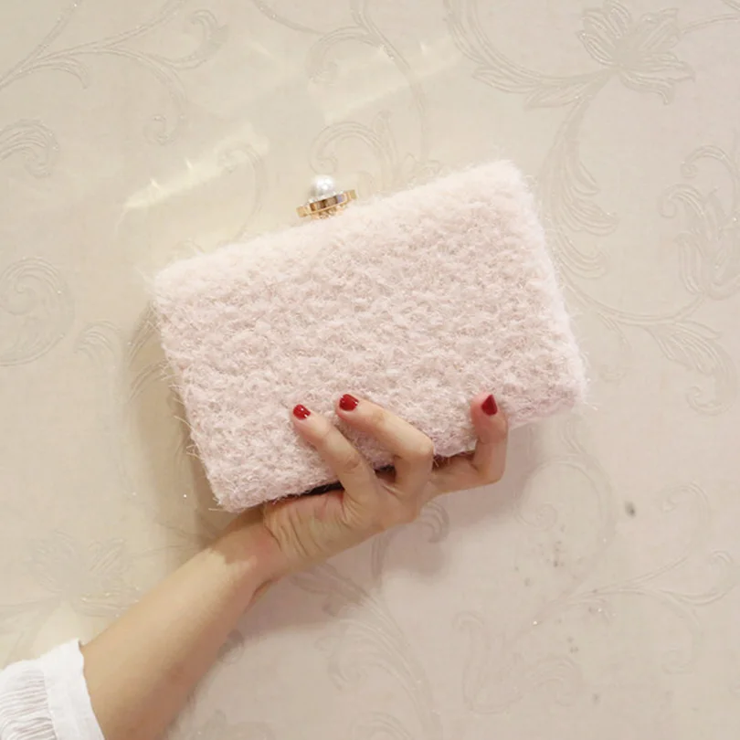 Pink Модный дизайн, украшенный кружевом шерстяной клатч, Женская Большая вечерняя сумочка в виде жемчужины вечерние свадебные сумочки с сумочки на цепочке, кошелек - Цвет: Pink