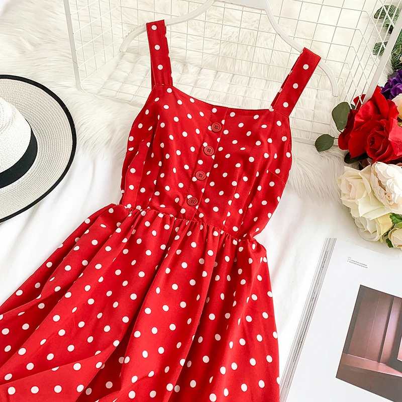 ALPHALMODA летнее женское популярное платье в горошек на бретелях с эластичной талией и высокой талией, короткое летнее шифоновое платье для отдыха