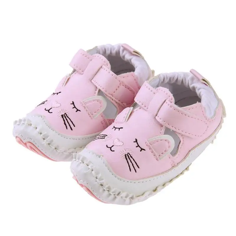 С милым рисунком кота для маленьких девочек PU Prewalkers противоскользящие малышей