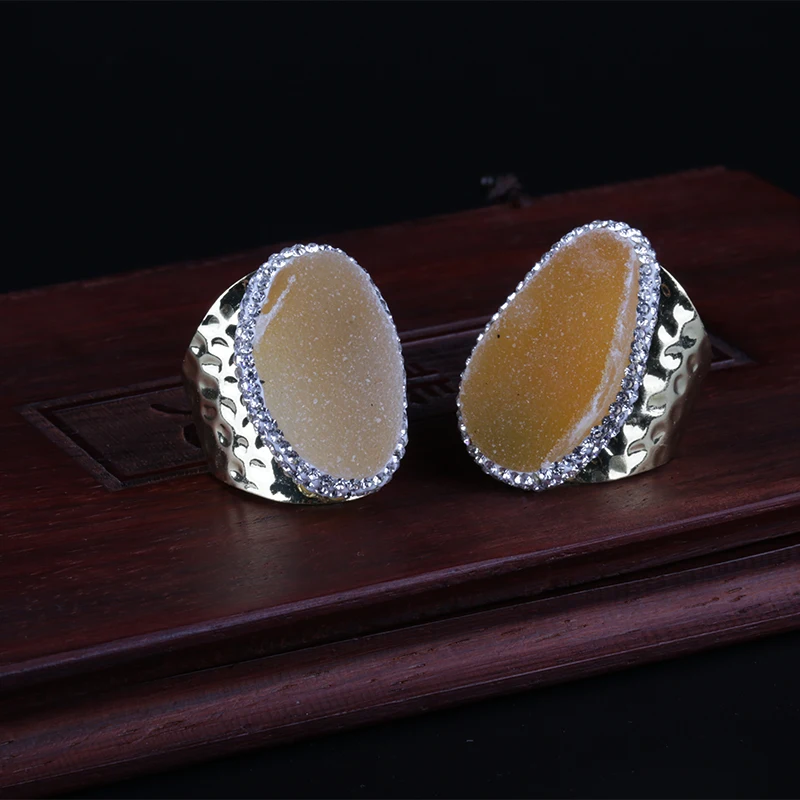 Натуральное шампанское Грубая Druzy Drusy Кристальный камень Золотое кольцо со