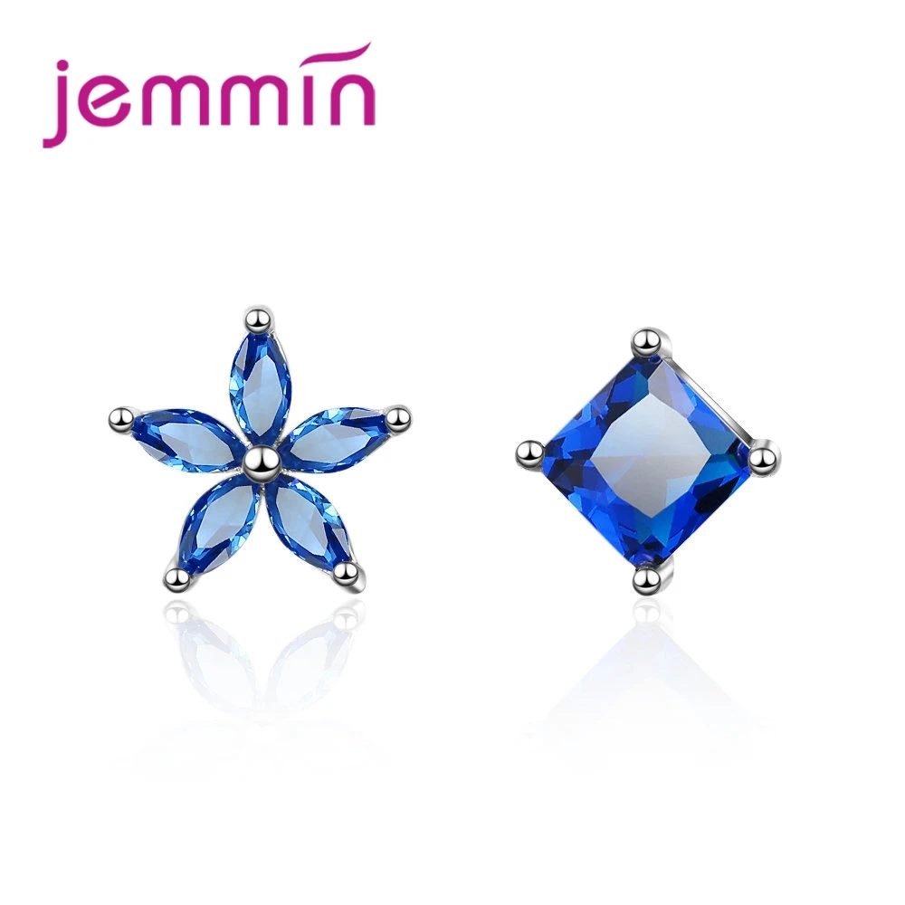 

New Asymmetry Exquisite Flower Geometry Square CZ Stone 925 Sterling Silver Stud Earring For Woman Girls Valentines Day
