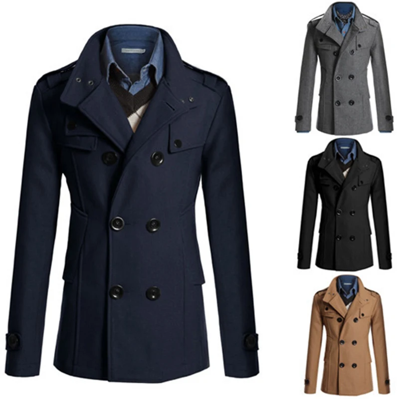 2019 Autumn And Winter Men's Wool Coat Slim Jacket Double Row Button Collar Warm Casual M-3XL | Мужская одежда
