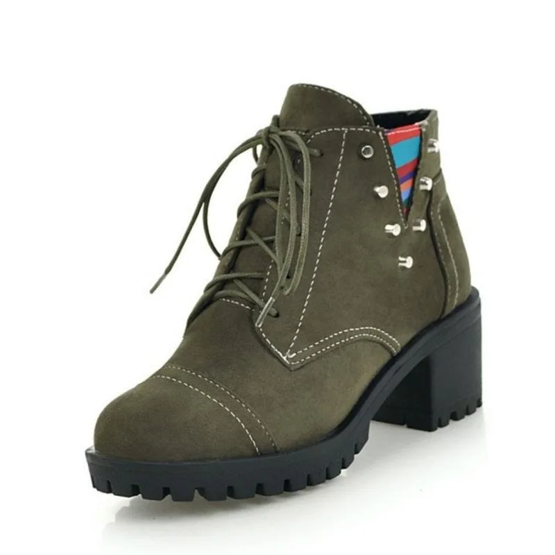 Зеленый Cuculus плюс Size34-43 женские ботинки на высоком каблуке с заклепками смешанных Цвет Ботильоны Туфли на шнуровке Женская мода Зимние полуботинки 1153 - Цвет: Зеленый