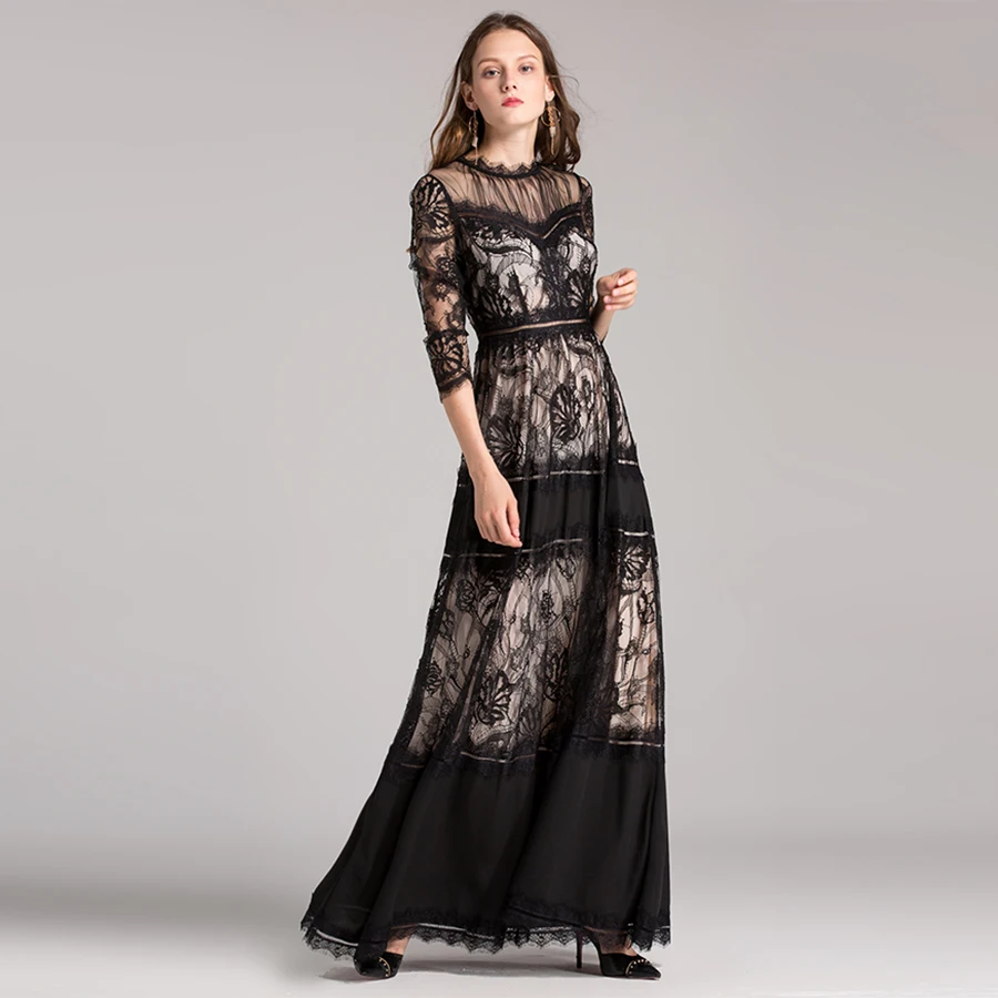 Винтаж кружевное платье Для женщин с длинным рукавом прозрачного кружева 3/4