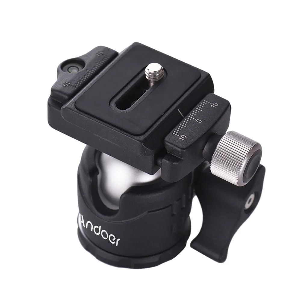 Andoer Mini Tabletop Ball Head Video Tripod Ballhead Mount with Quick Release Plate and Bubble for Canon Nikon Sony DSLR Camera - Цвет: Черный