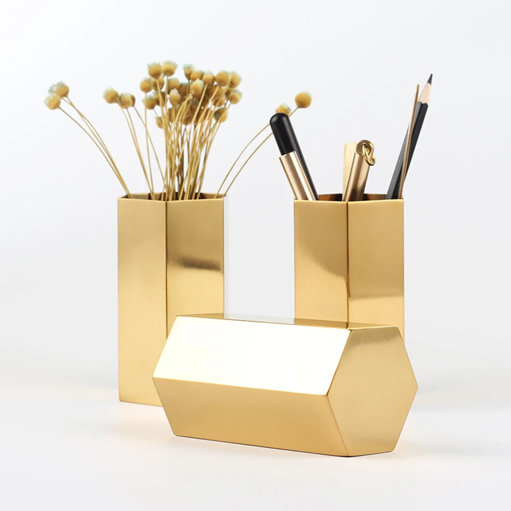 Original Design Brass Pen Pencil Holder Pot Container Desk Stationary Accessories Office Supplies