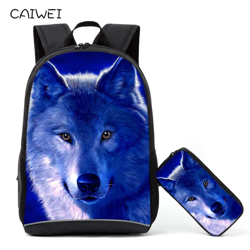 

Cool Animal Wolf 2PCS/Set Women Men Backpack Fashion Book Bag Kids Pen Pencil Case 16 inch Children School Bag Bagpack