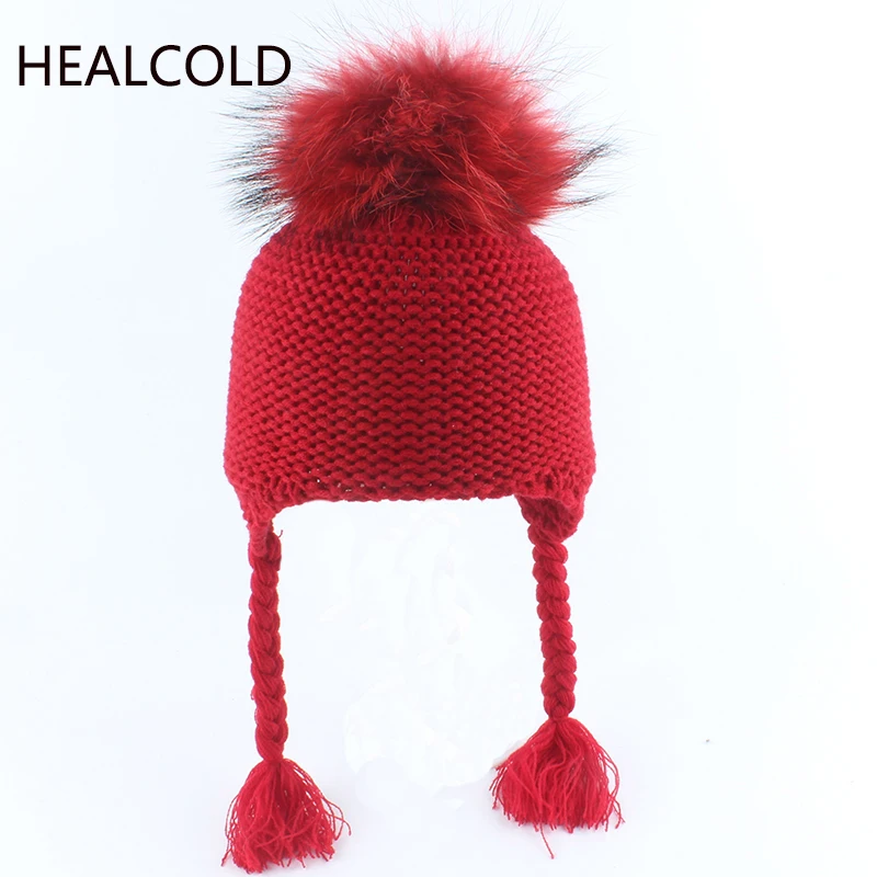 ЗЗимние шапки для детей с меховым помпоном Цветная шапка шапочка Детские теплые