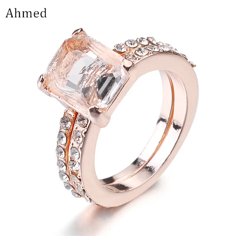 Ahmed модный квадратный кристалл кольцо набор роскошное розовое золото Rhinestone кольцо винтажное свадебное Брендовое обручальное кольцо для женщин