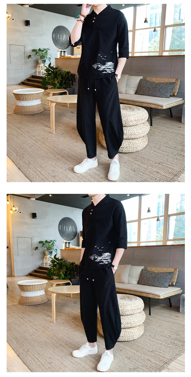 Sinicism Store Harajuku, мужской спортивный костюм с вышивкой,, мужские летние льняные комплекты для бега, Мужская Уличная одежда, китайские комплекты из 2 предметов