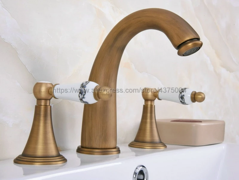 

Antique Brass Bathroom Sink Faucet Widespread 3pcs Ceramics Handles Basin 3 Holes Mixer Tap Nan082