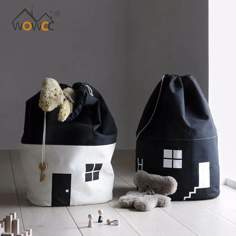 

INS Large Baby Toys Storage Bags Canvas House Shape Laundry Hanging Drawstring Bag Household Pouch Bag Home Storage Organization
