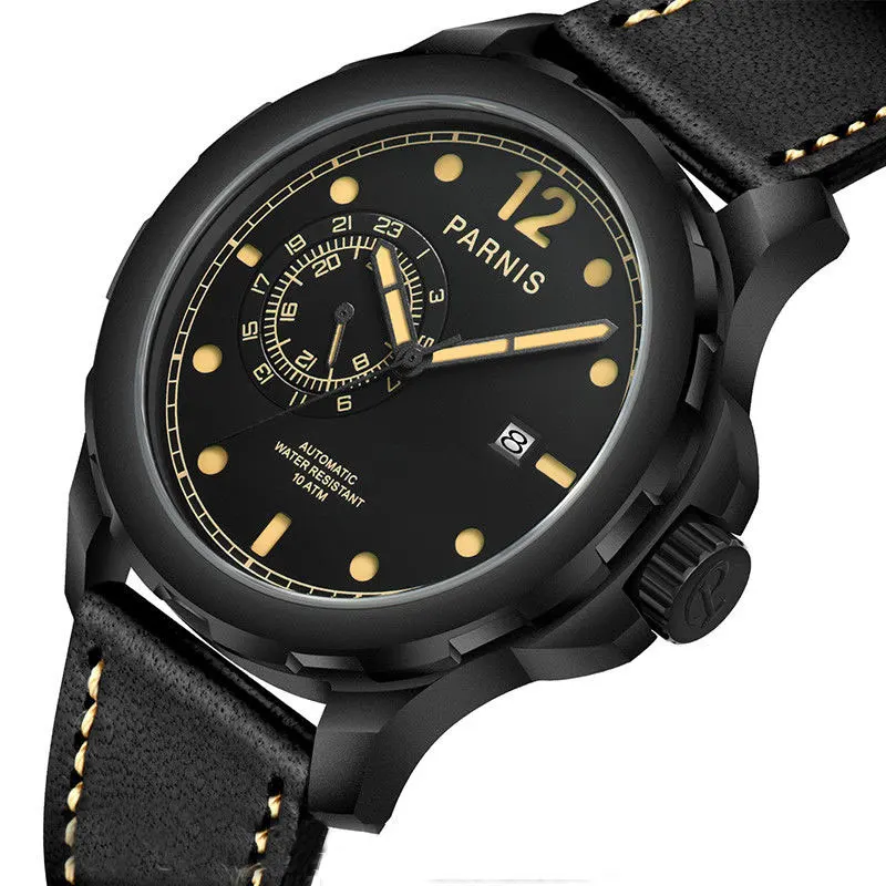 Распродажа механические часы Relojes Parnis 44 мм кожаный ремешок турбийон