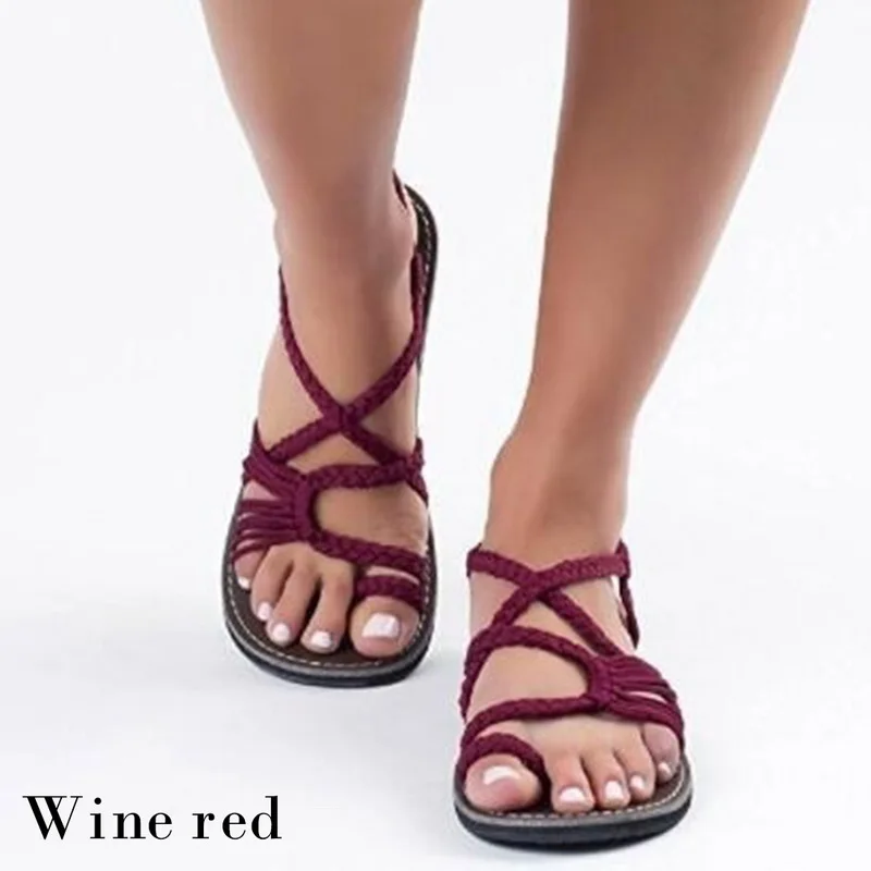 Wine red MoneRffi/женские летние сандалии на плоской подошве; тапочки тканевые сандалии с перекрестным носком; Повседневная обувь; сандалии-гладиаторы; сандалии с плетением - Цвет: Wine red