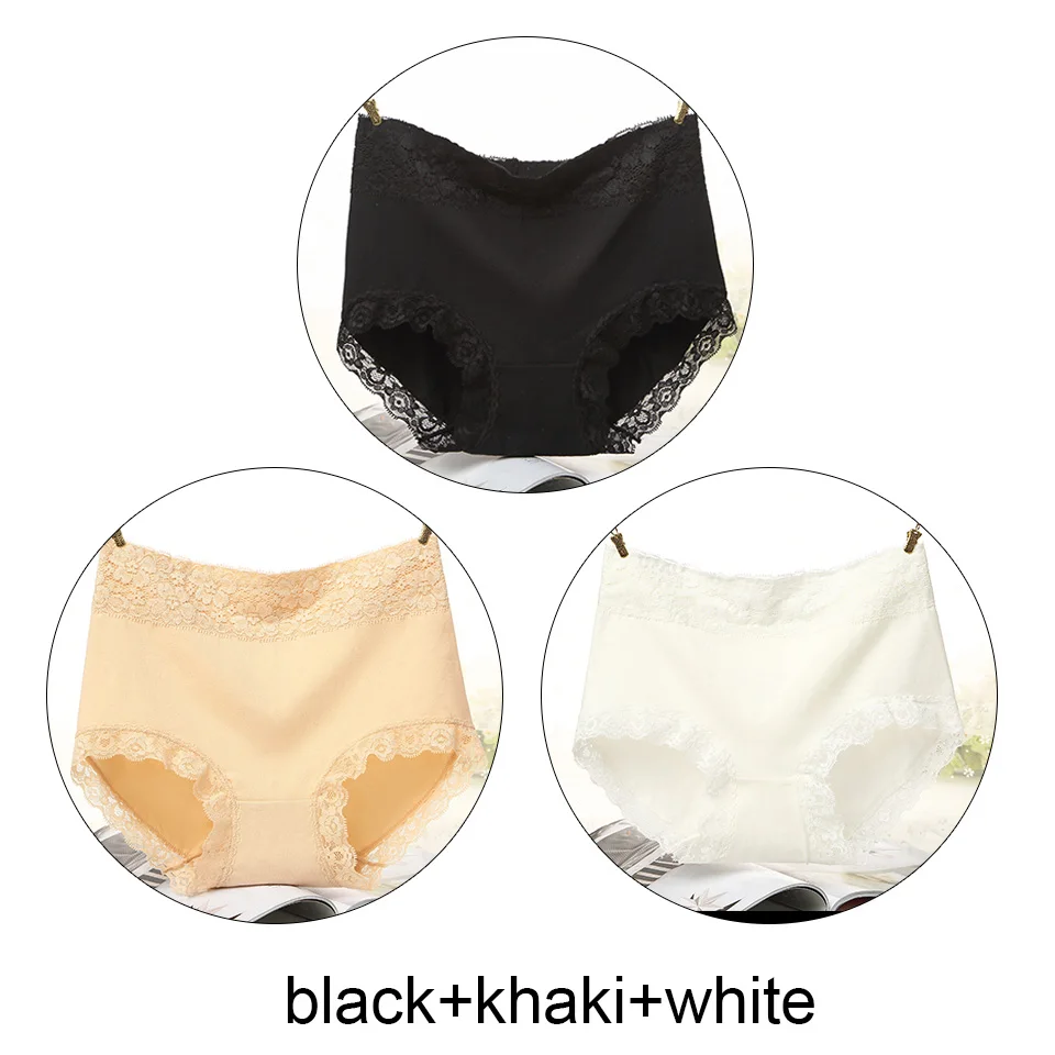 black khaki white 3 шт., Трусики с высокой талией, хлопковое нижнее белье для женщин, однотонные бесшовные трусы, кружевные сексуальные трусики, женское нижнее белье для зимы, новинка - Цвет: black khaki white