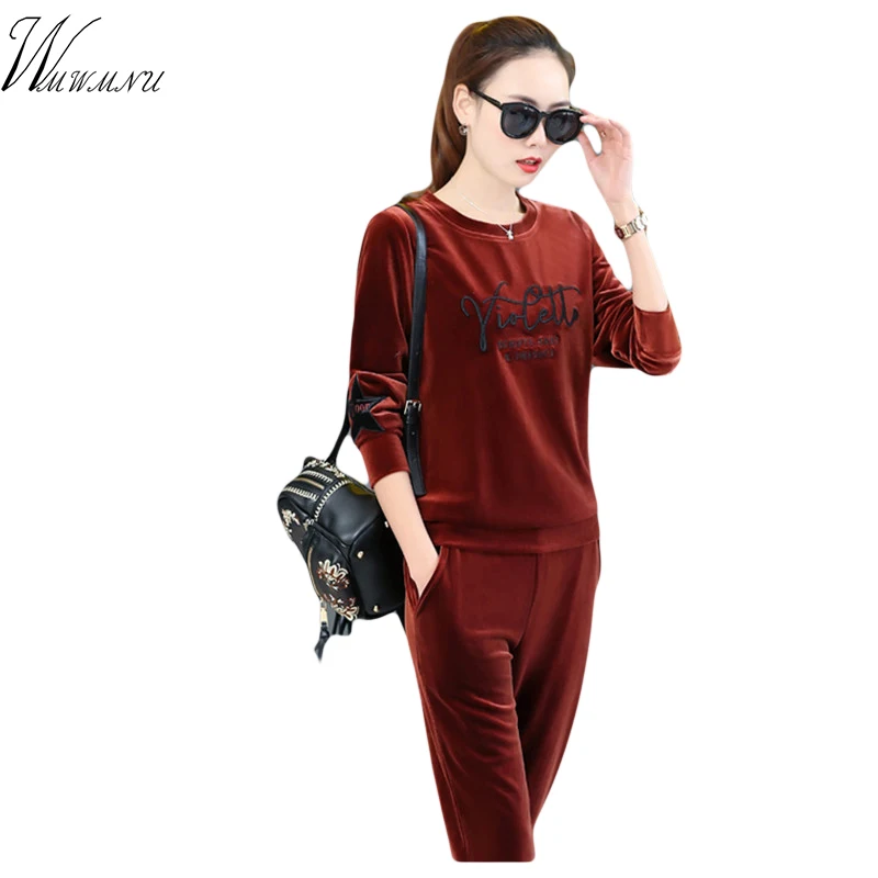 Женский Золотой вельветовый костюм для отдыха топ с надписью и вышивкой + штаны