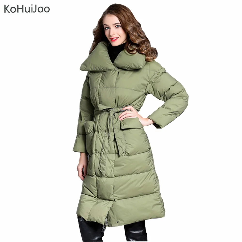 Женская парка с перьями KoHuiJoo длинная поясом 2 размера|parkas for women|down parkafashion parka |