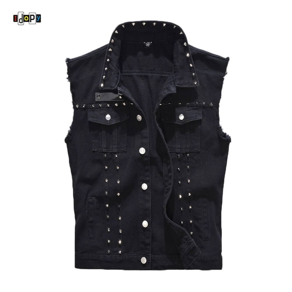 Idopy мужские черные джинсовый жилет Однобортный вечерние Стадия Slim Fit M-5XL