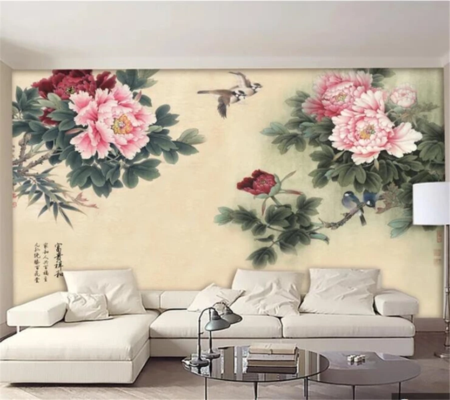 

beibehang Custom wallpaper 3d mural Chinese style rich and peaceful Gong Peony flower bird TV background wall paper papier peint