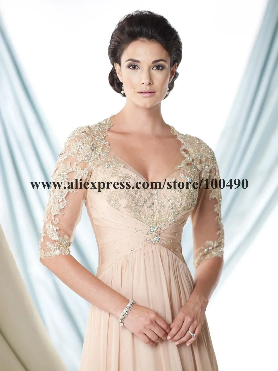Lace half sleeves champagne color prom dresses 2014 with colorful crystals and jewels Opened sweetheart neckline A-line |