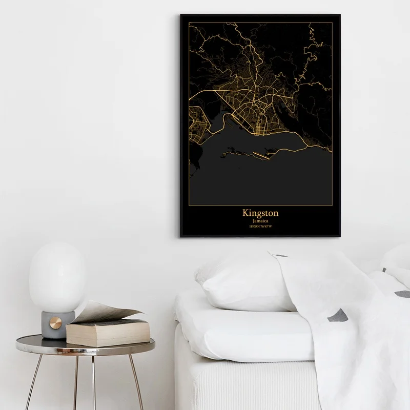Kingston Jamaica Modern City Gold Map Canvas Art Print Home Room Decor Poster | Дом и сад