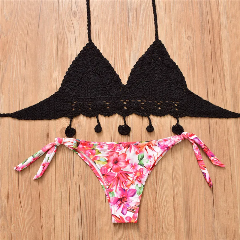 2017 крючком ванный комплект кисточкой Бикини Топ белый повод цветочный Низ
