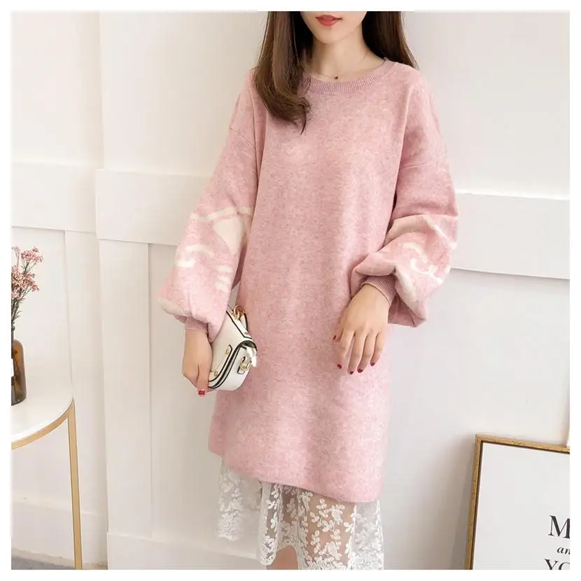 HF18191 Pink HSA roupas feminina, женский зимний свитер, платье с рукавами-фонариками, Милый принт с кошками, Свободный Длинный свитер, джемперы, желтый свитер, Топ - Color: HF18191 Pink