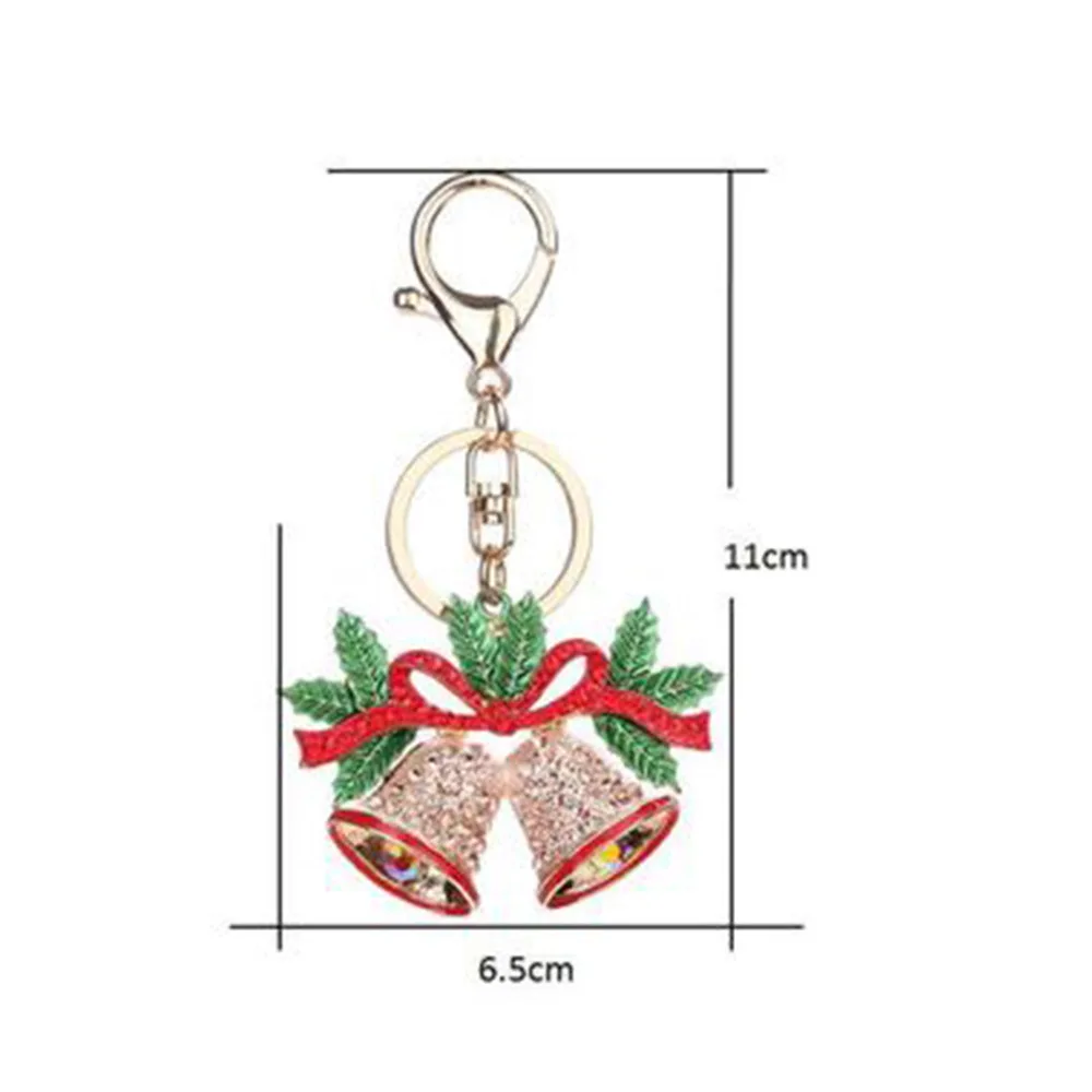Doreen Box Keychain Christmas Bell Gold Color Green Bowknot Champagne Rhinestone Enamel 10.7cm(4 2/8&quot) x 6.4cm(2 4/8&quot) 1 Piece |