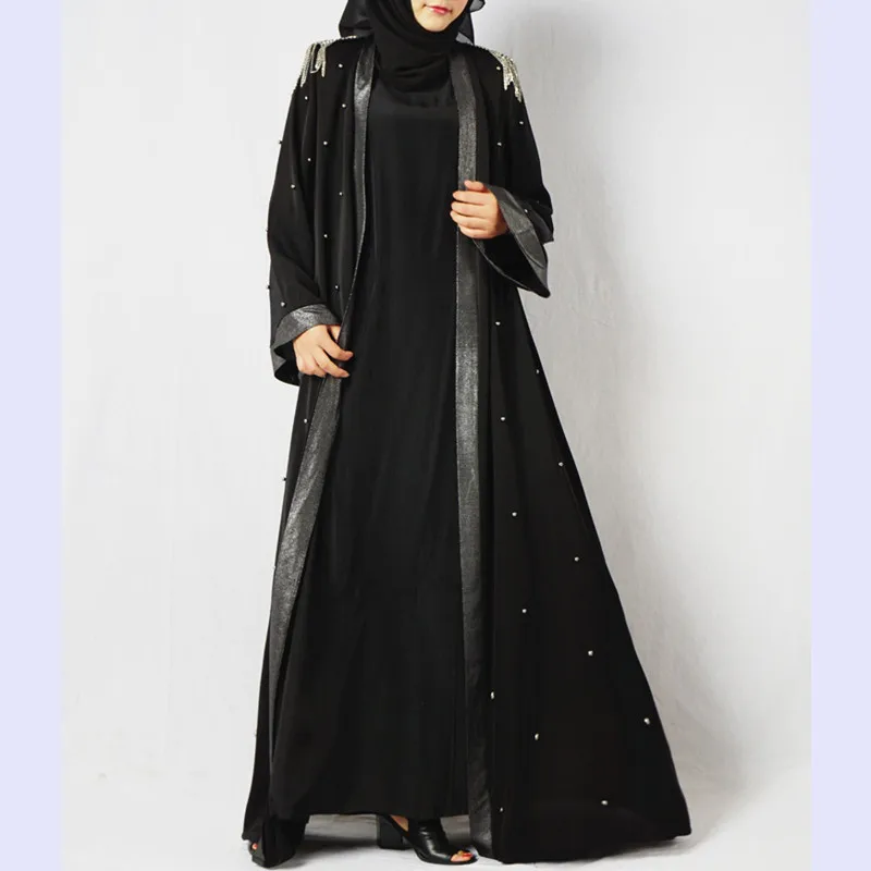 Черное мусульманское кимоно с бриллиантами длинное платье кардиган халат туника