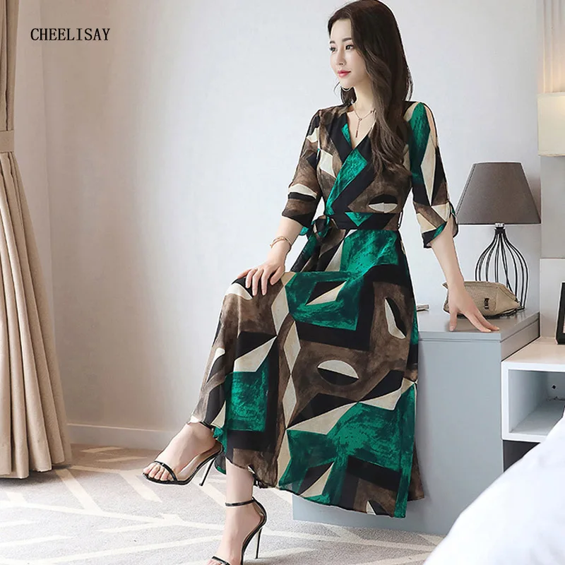 Женское пляжное платье с геометрическим принтом элегантное праздничное поясом