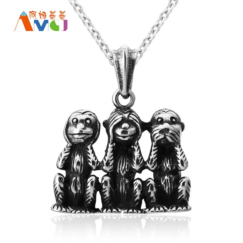 Amgj хип хоп три обезьяны кулон Цепочки и ожерелья Животные Титан Сталь Для мужчин