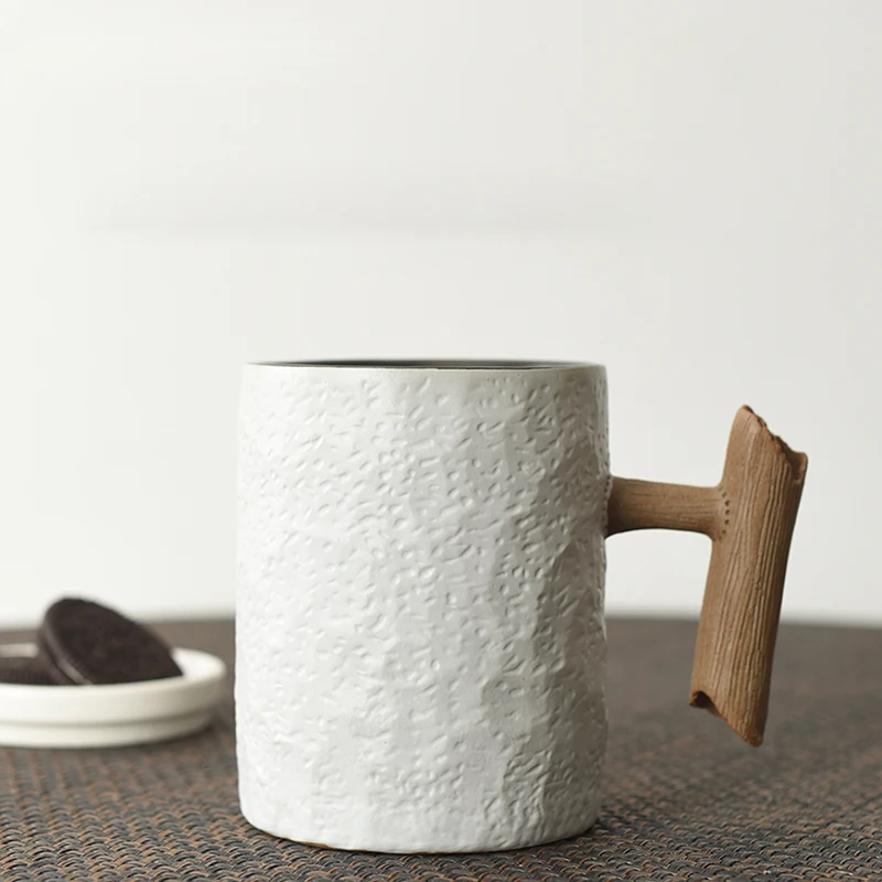 

480ML European Style Coffee Mugs Large Capacity with Spoon Creative Color Glaze Milk Water CupI Mitation Branches Porcelain Cup