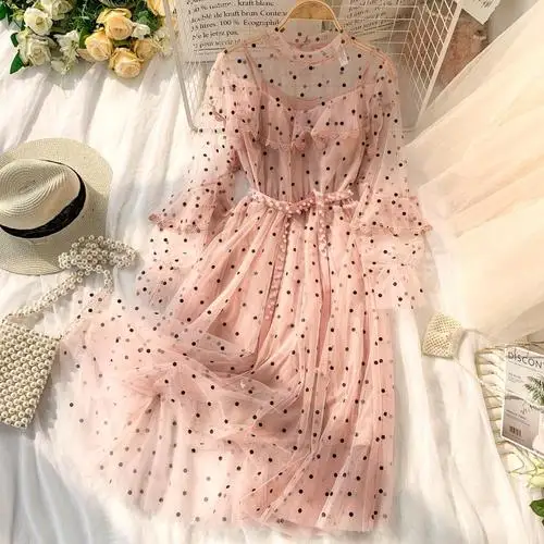 Pink HISUMA осенне-зимнее Новое Женское платье с круглым вырезом, точечный фонарь, рукав, оборки, Сетчатое платье, женское элегантное газовое платье принцессы с поясом из бисера - Цвет: Pink