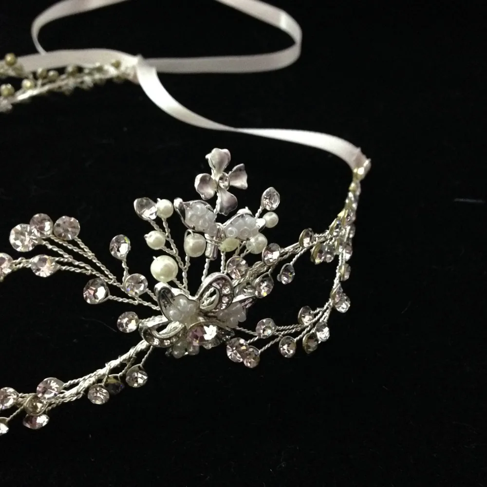 6 шт./лот Кристалл атласная лента волос лоза свадебная корона цветочный горный