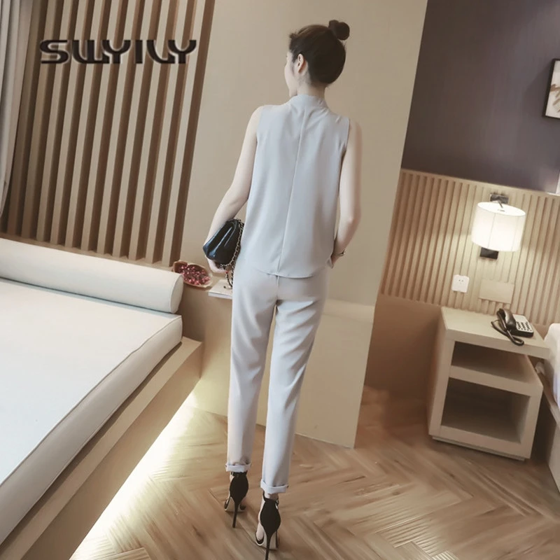 

SWYIVY Woman Pants Suit With Vest Summer 2018 2 Piece Long Pants Slim Chiffon Suit Ladies Fashion Clothing 2xl Plus Size Black