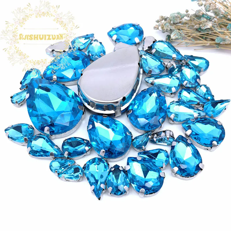Turquoise blue 8 размеров 35 шт! Смешанная форма dr Размер стекло Кристалл пришить стразы с серебристым коготь Diy свадебное платье украшения - Цвет: Turquoise blue