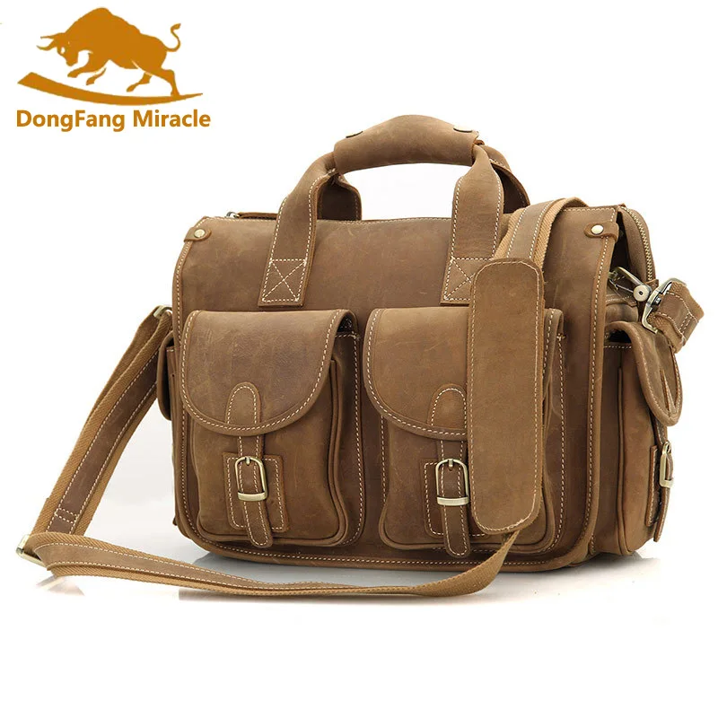 DongFang Miracle 100% натуральная винтажная кожаная сумка портфель для ноутбука Crazy Horse