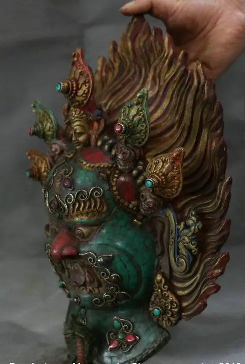 Тибет с драгоценным камнем бирюза Gilt Mahakala гнев головы божества ящерица маска
