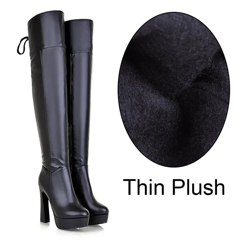 Black Thin Plush Зимние женские Сапоги выше колена из эластичной искусственной кожи с плюшевой подкладкой высокие сапоги до бедра на платформе с высоким массивным каблуком 12 см и круглым носком, на шнуровке, на молнии - Цвет: Black Thin Plush