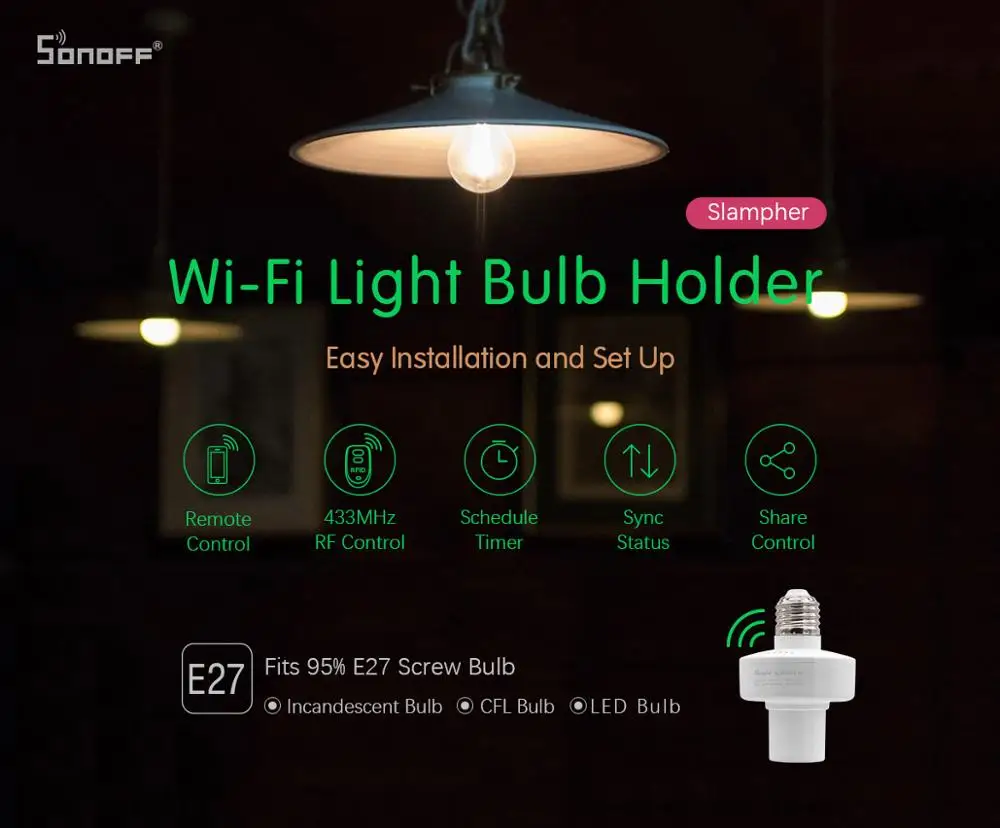 Фабрика Sonoff Slampher Wifi умный светильник держатель E27 WiFi светильник лампочка держатель RF пульт дистанционного управления приложение управление Alexa Google