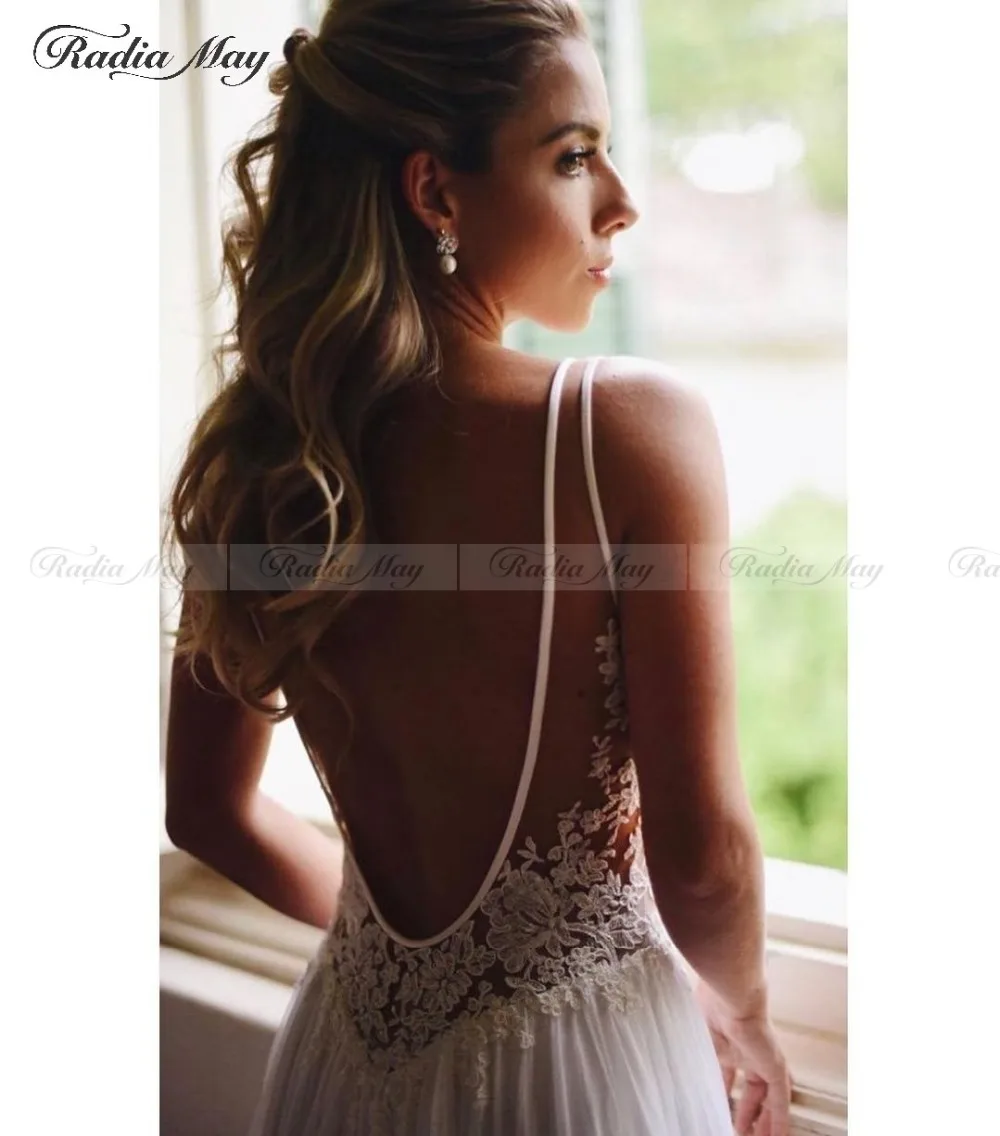Sexy V-Neck Open Back Chiffon Country Wedding Dress Vintage Lace Beach Boho Bridal Dresses Cheap Wedding Gowns Free Shipping