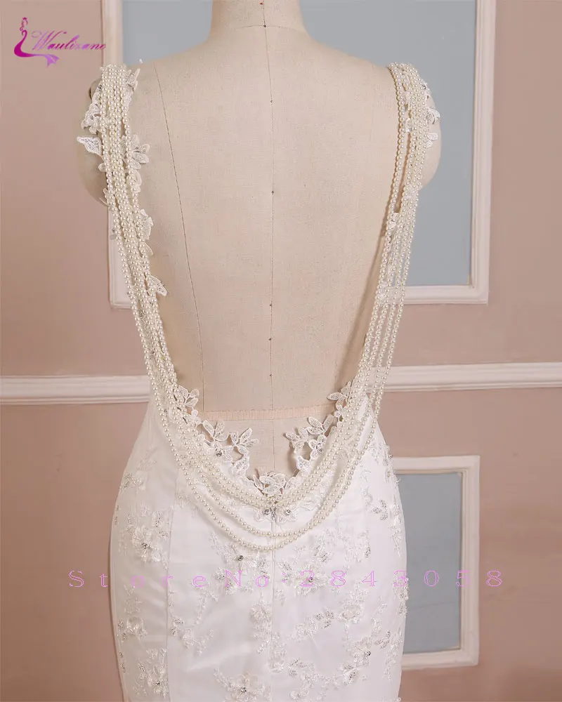 

Waulizane Elegant Sweetheart Mermaid Wedding Dresses Backless Spaghetti Straps Beadings Pearls Appliques Lace Bride Gowns