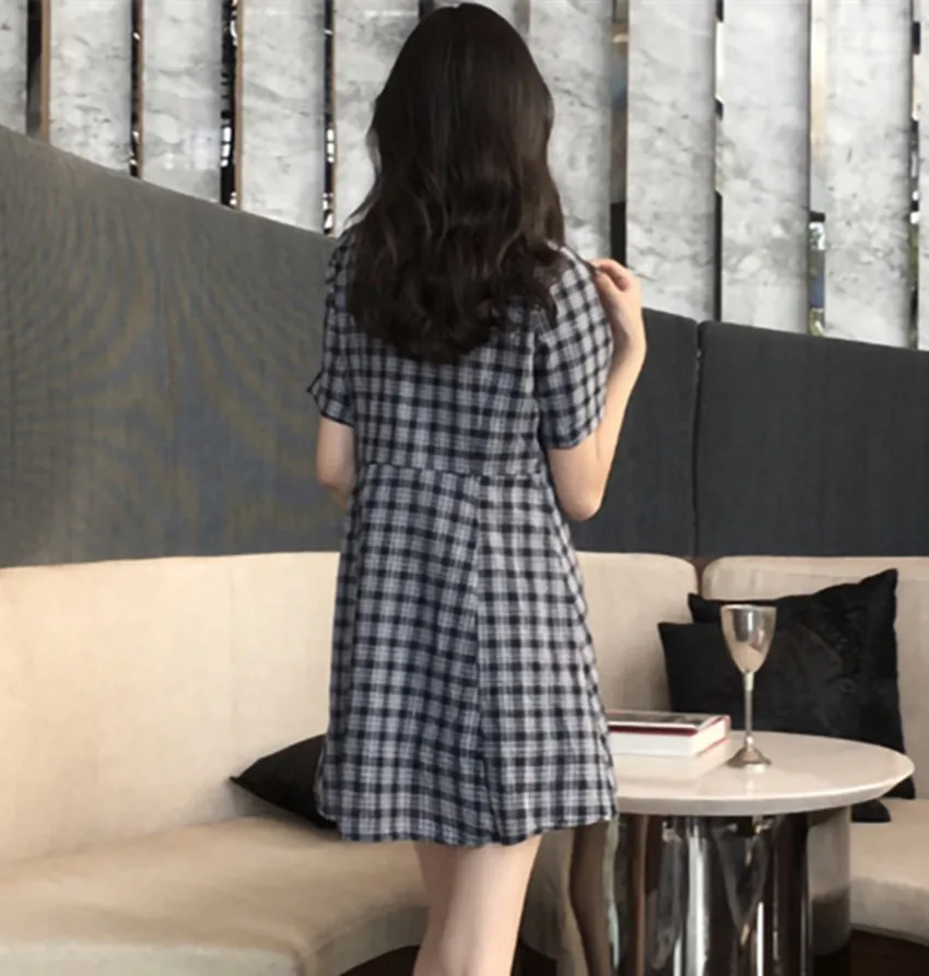 

JSXDHK Office Ladies Summer Plus Size Dress Women Double breasted Plaid Turn Down Collar Ladies Blazer Dress Fashion Vestidos