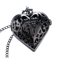elegant black hollow heart shape quartz fob pocket watch with sweater necklace chain gift to women girls
