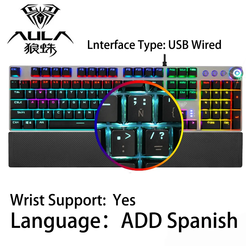 Spanish Hand support AULA игровая механическая клавиатура, 104 клавиш, проводная, с подсветкой, металлическая, против привидения, для компьютера, ПК, с английским, русским, испанским, арабским - Цвет: Spanish Hand support