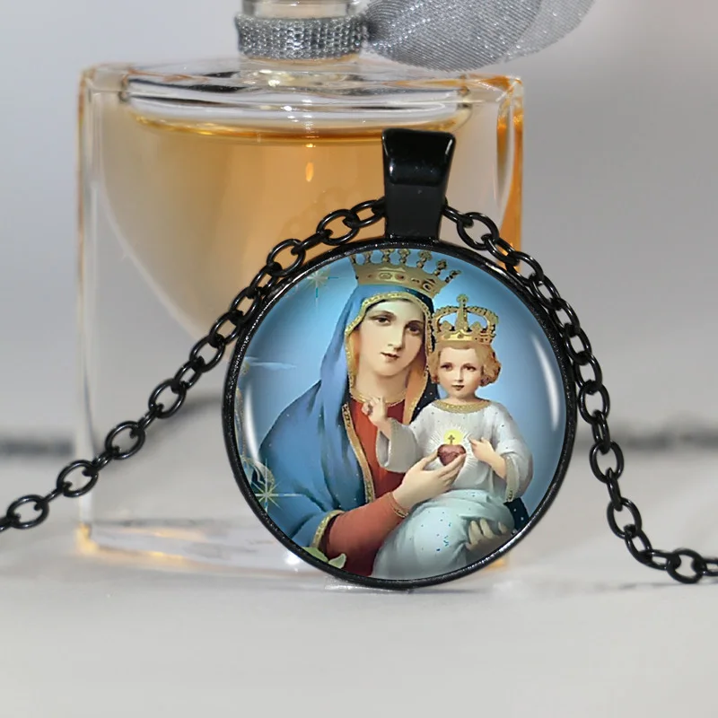 Женская цепочка с кабошоном винтажная длинная Серебряная подвеской Дева Мария