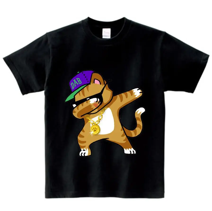 black childreT-shirt Детская летняя футболка футболки с короткими рукавами для мальчиков и девочек с забавным рисунком кота Санта Клауса, даб Дэнс, футболка для детей 2-15 лет - Цвет: black childreT-shirt