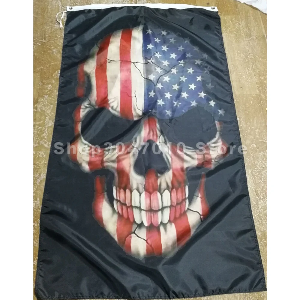 

top design skull USA flag 3x5FT with metal grommet custom new design banner